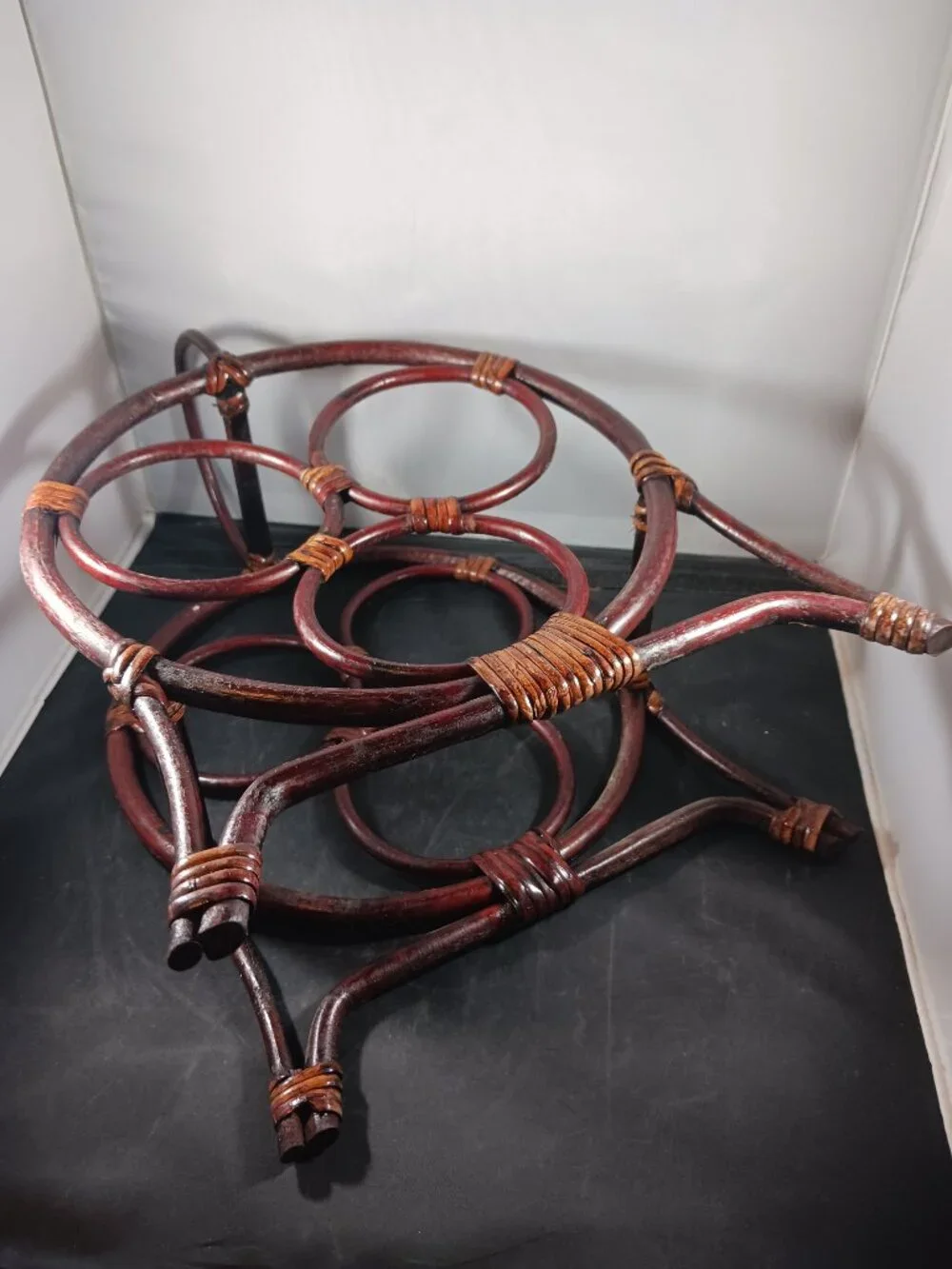 Vintage MCM Rattan Bamboo Wine Rack Holder Circle Round 3 Holders